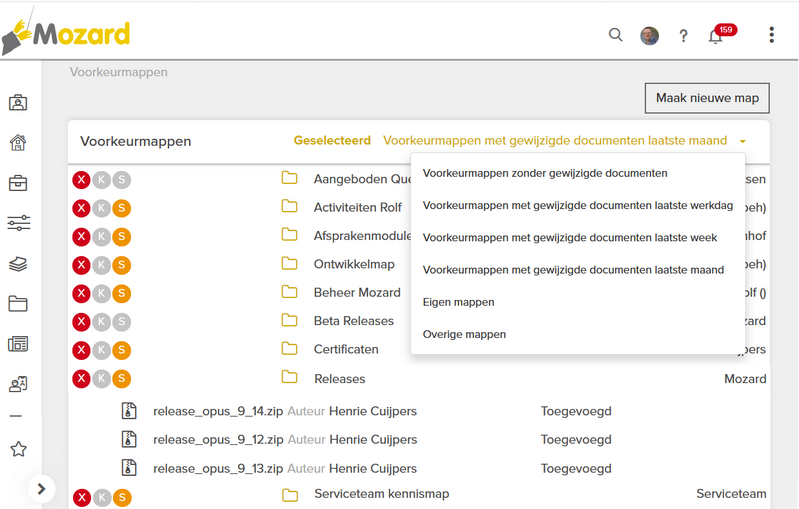 Een voorbeeld van voorkeurmappen met gewijzigde documenten