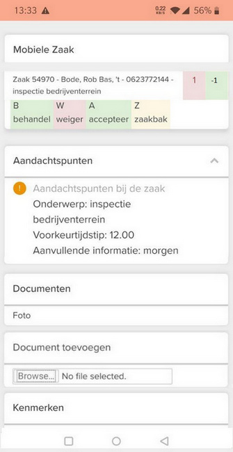 Eenvoudig zaakscherm voor afhandelen zaak op locatie vie smartphone of tablet