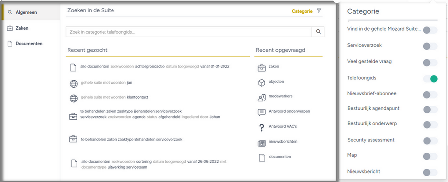 Zoeksuggestie en zoekcategorie