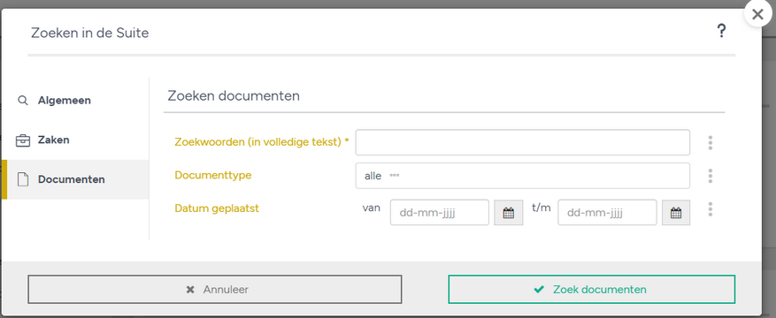 Zoeken documenten in de Suite via zoekopties
