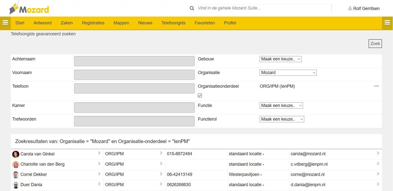 Het zoekresultaat na zoeken via de telefoongids